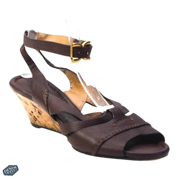 Chloé Dark Brown Leather Open Toe Ankle Strap Cork Low Wedge Summer Sandals - Picture 1 of 6